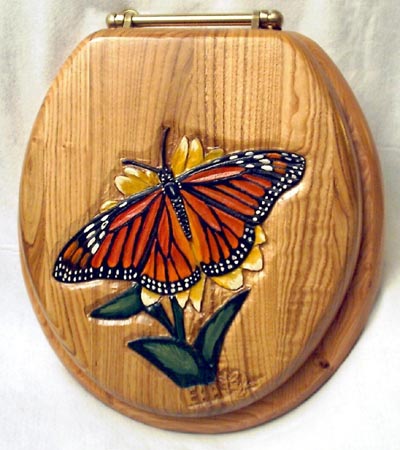 Monarch Butterfly Carved Oak Toilet Seat. Artist : The Midnight Carver