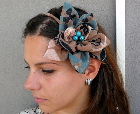 Viscose Fabric With Turquoise Beads Flower Hair Band