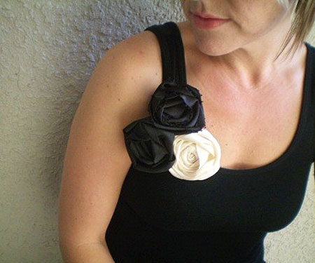 Black And Cream Satin Flowers Brooch