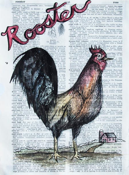 Rooster Ink Drawing On An Old Dictionary Page