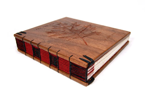 Handbound Wedding Guestbook with Wood Covers and Carved Oak Leaf