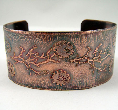 Etched Flowers and Tree Limbs Copper Cuff