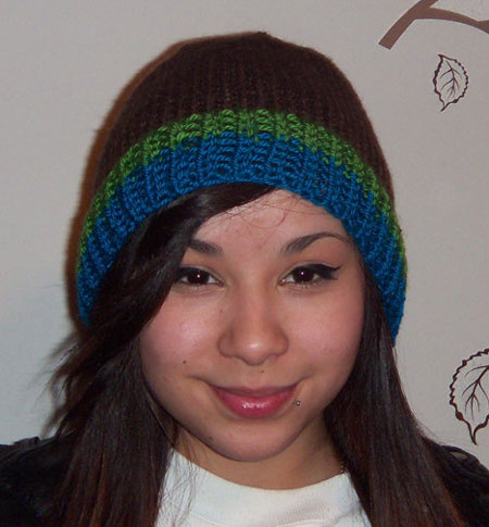 Chocolate Brown Beanie Hat With Kelly Green and Teal Stripes