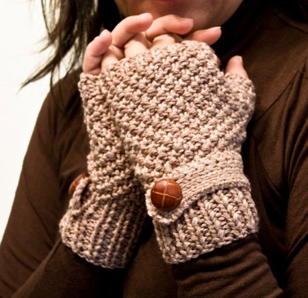 Beige Fingerless Gloves With Mock Wrist Strap