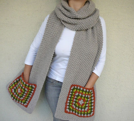 Wide Scarf With Granny Square Pockets