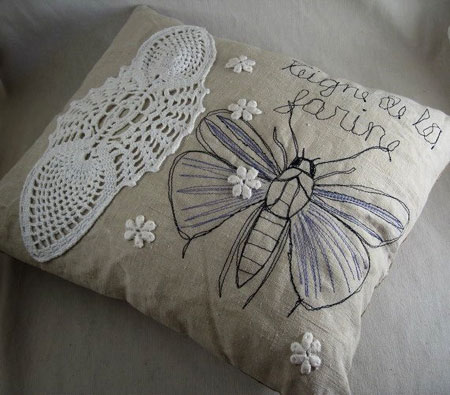 Embroidered Moth Collage Pillow