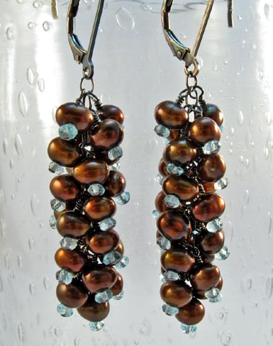 Copper Pearls and Aqua Apatite Earrings