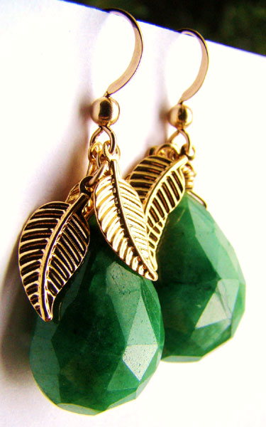 Teardrop Indian Emerald with Gold Plated Leaf Earrings