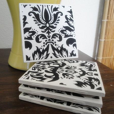 Damask Fabric Topped Tile Coasters