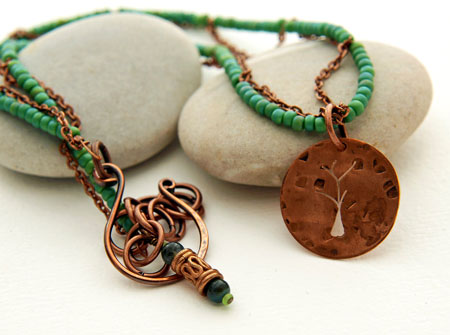 Carved Copper Tree Pendant On A Green Bead Necklace