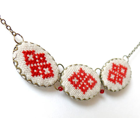 Three Pendant Embroidered Necklace