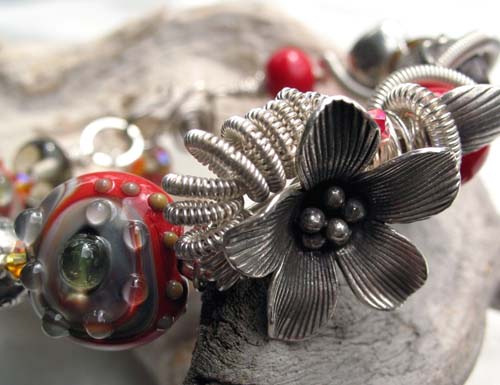 Lampwork and Silver Flower Bracelet