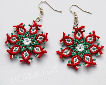 Red And Green Macrame Flower Earrings