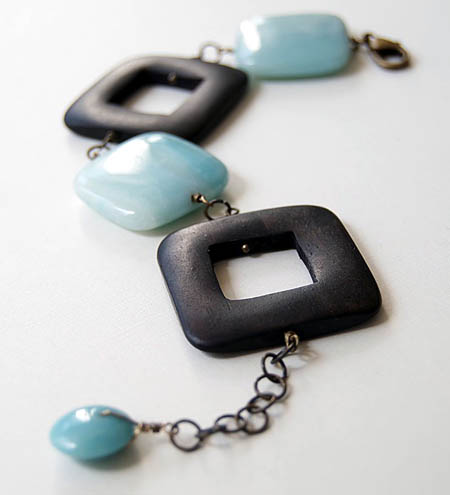 Aqua Amazonite and Wooden Bead Bracelet