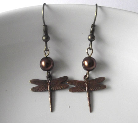 Bronze Dragonfly Dangle Earrings With Brown Pearl Beads