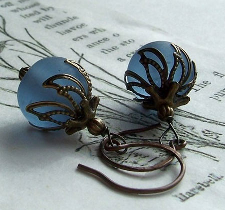 Frosted Blue Glass Filigree Wrapped Earrings