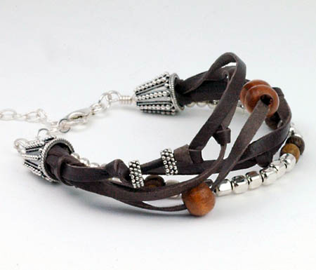 Leather, Wood and Silver Bracelet