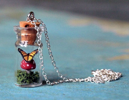 Butterfly on a Mushroom Terrarium Pendant