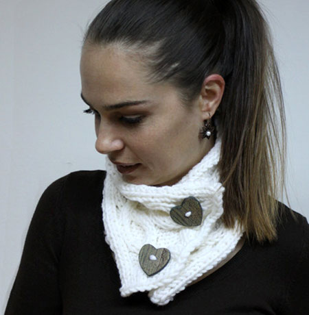 White Cable-Knit Cowl With Heart Shaped Buttons