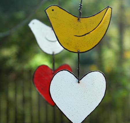 Tin Bird and Heart Hanging Garden Ornament