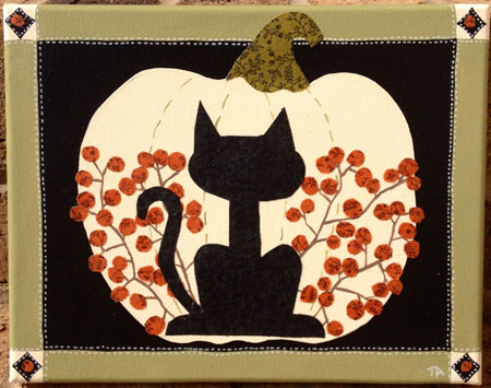 Mixed Media Halloween Painting. Black Cat And White Pumpkin