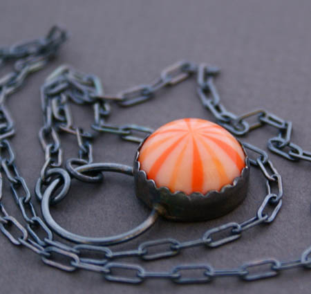 Tangerine Orange Lucite Pendant on a darkend Sterling Silver Chain