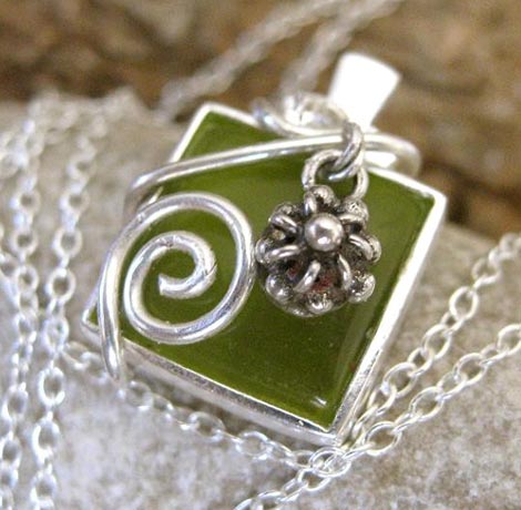 Wire-Wrapped Olive Green Glass Pendant