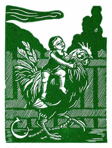 Child Riding Rooster Linocut Print